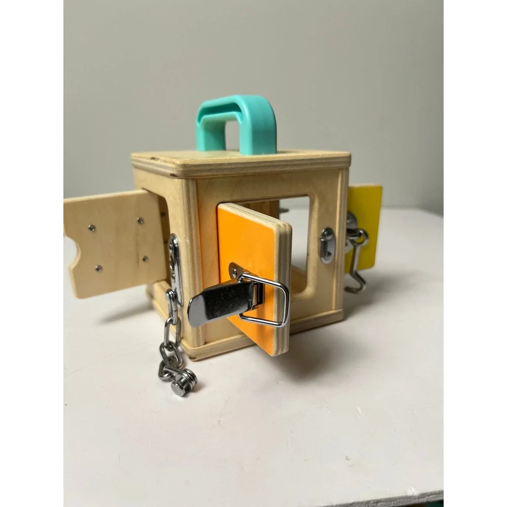 Lovevery Lockbox Toy Toddler OS Tan Montessori Wooden Latches Activity Cube Box